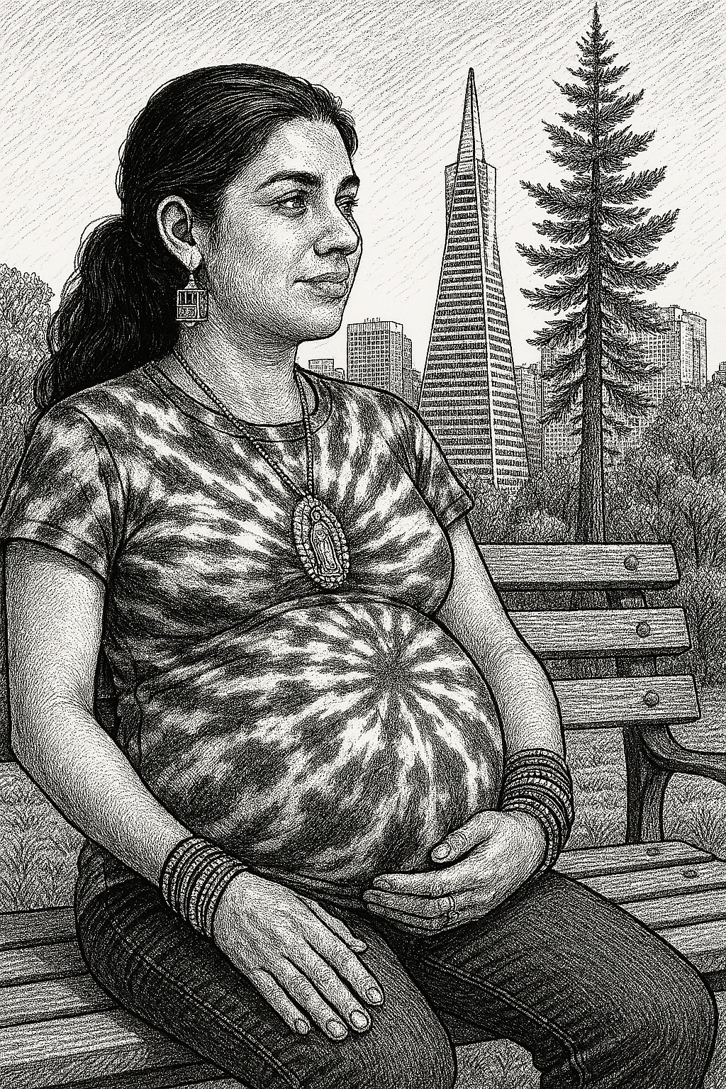 Black‑and‑white scene of a heavily pregnant woman in front of the Transamerica Pyramid. She has dark loose hair and is wearing a Maria de Guadalupe pendant.